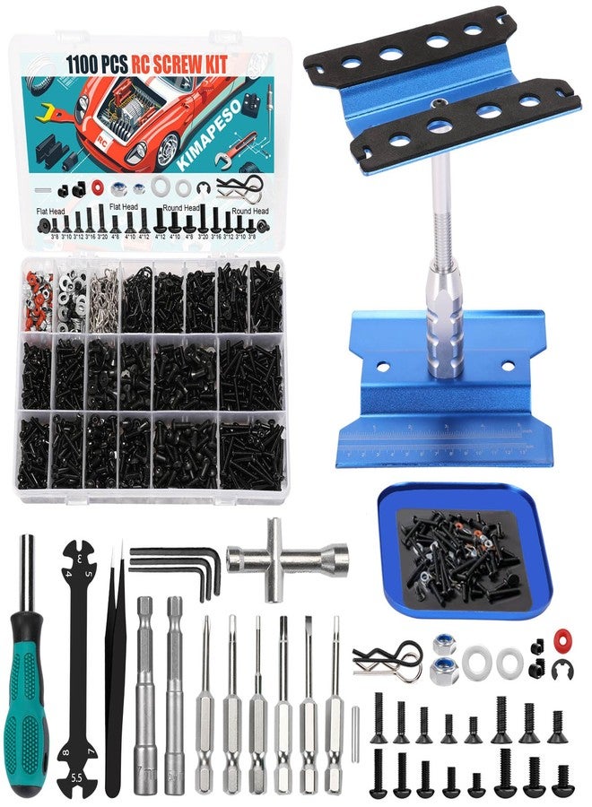 Kimapeso RC Car Repair Work Stand, 1100pcs RC Screw Kit and Vehicle Scale Accessories for Traxxas Axial Redcat Arrma HPI HSP SCX10 RC4WD 1/8 1/10 1/12 1/16 Scale RC Crawler Truck Buggy Car - Image 1
